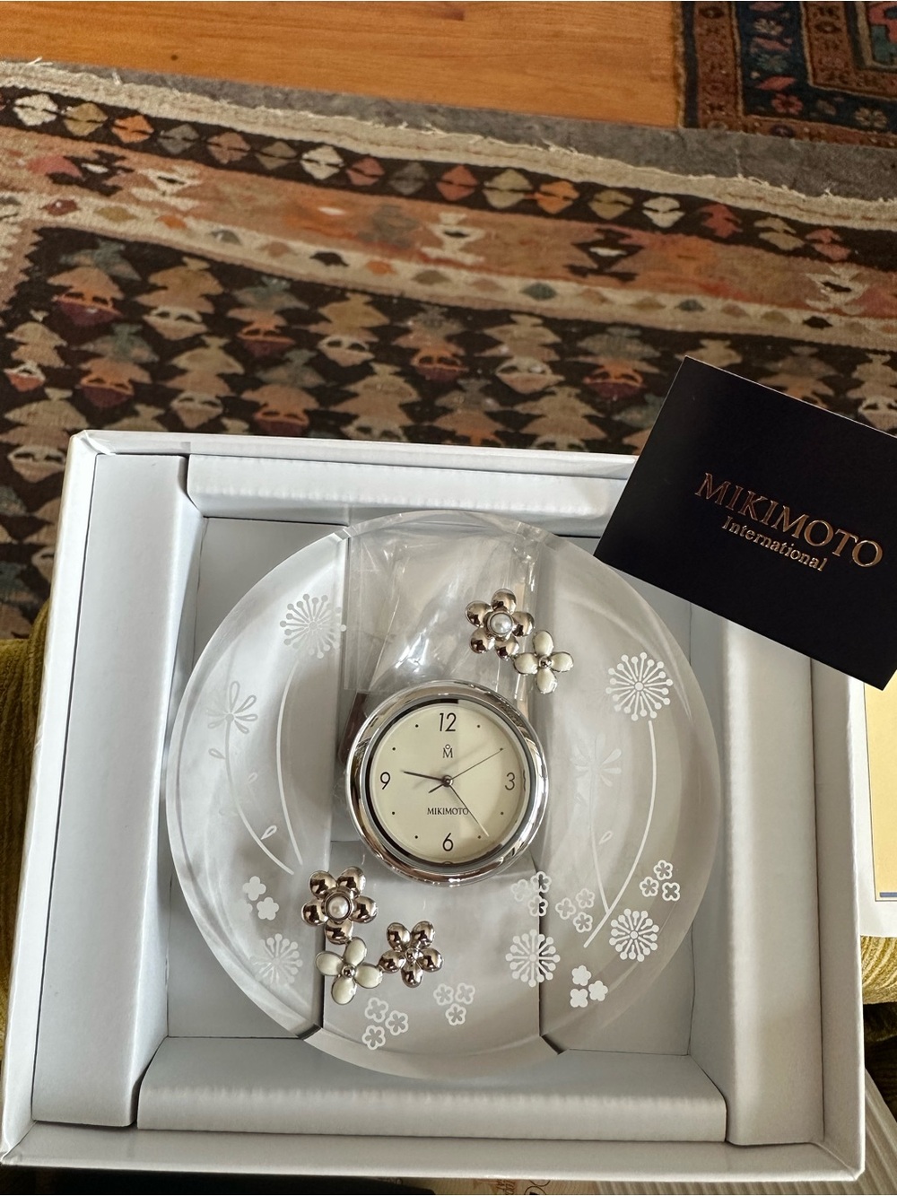 Mikimoto Silver and White Glass Floral Desk Clock